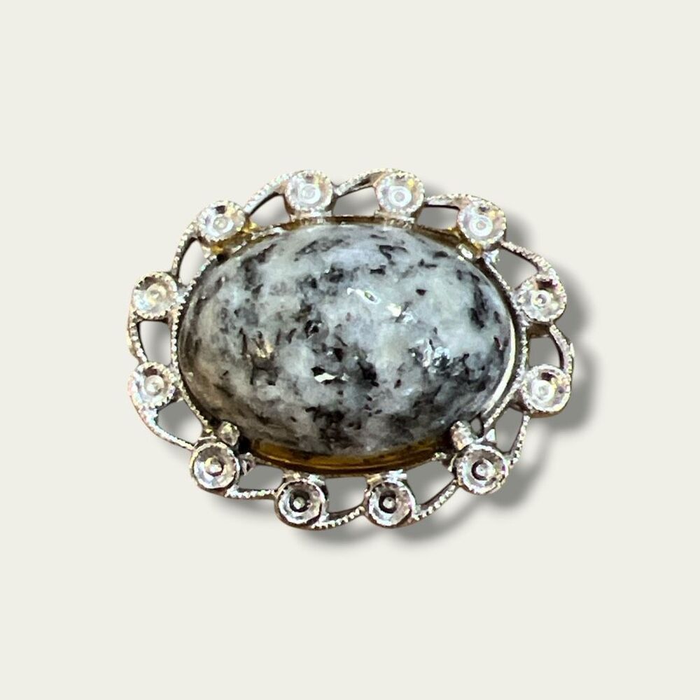 Vintage Sterling Silver Gray Speckled Stone Oval Brooch Pin 1 Inch
